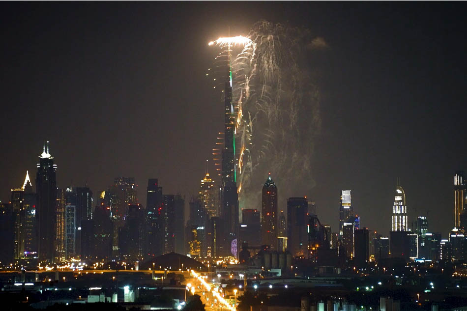 Fireworks show at Burj Khalifa at night